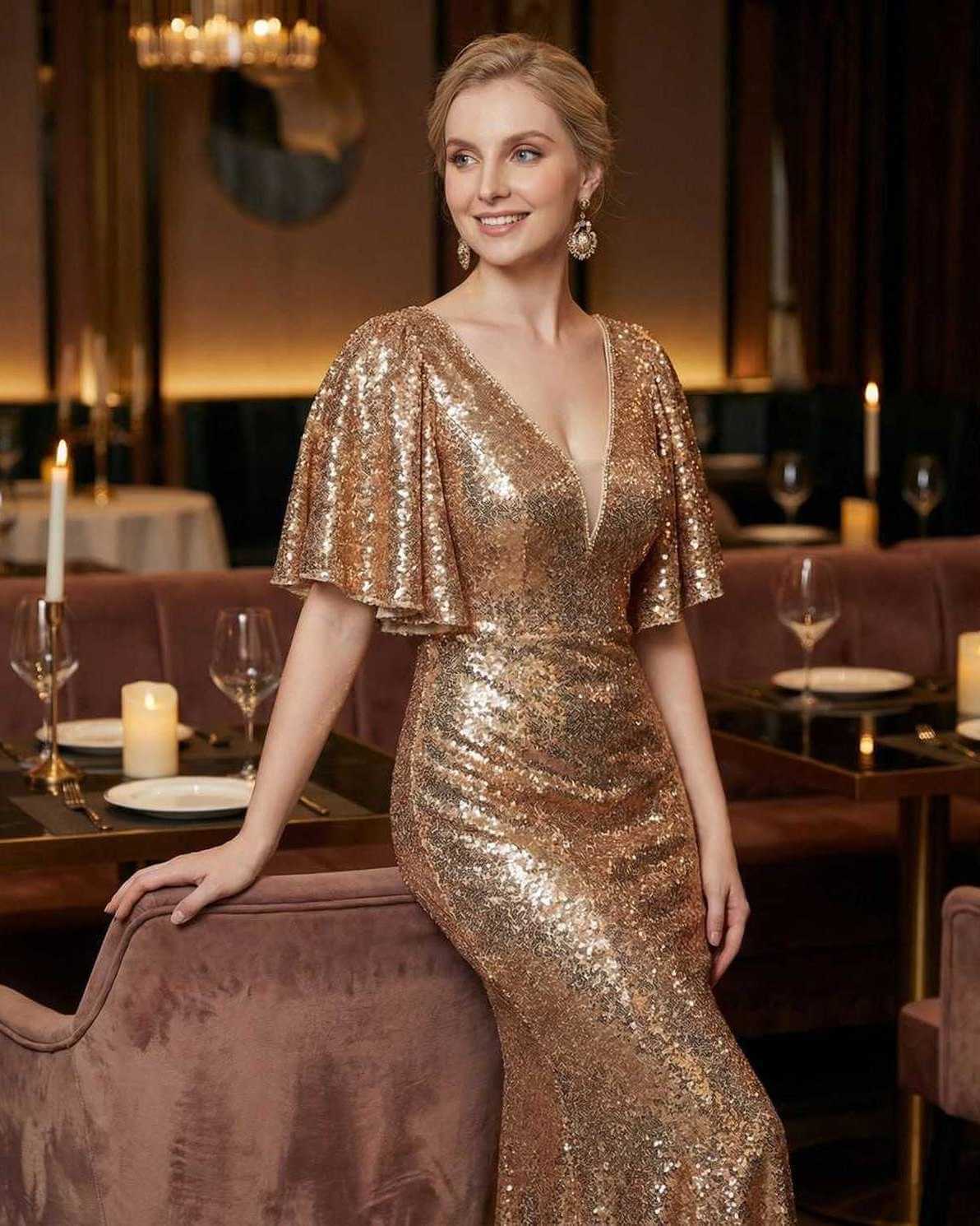Celeste Maxi Dress by Lauven, elegant sequined evening gown in radiant gold tone, perfect for formal events.