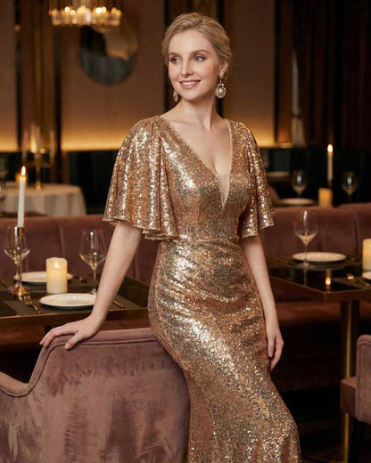 Celeste Maxi Dress by Lauven, elegant sequined evening gown in radiant gold tone, perfect for formal events.