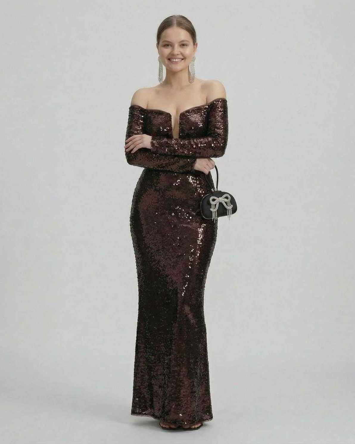 Celeste Maxi Dress by Lauven, an elegant sequined off-shoulder evening gown in deep brown.