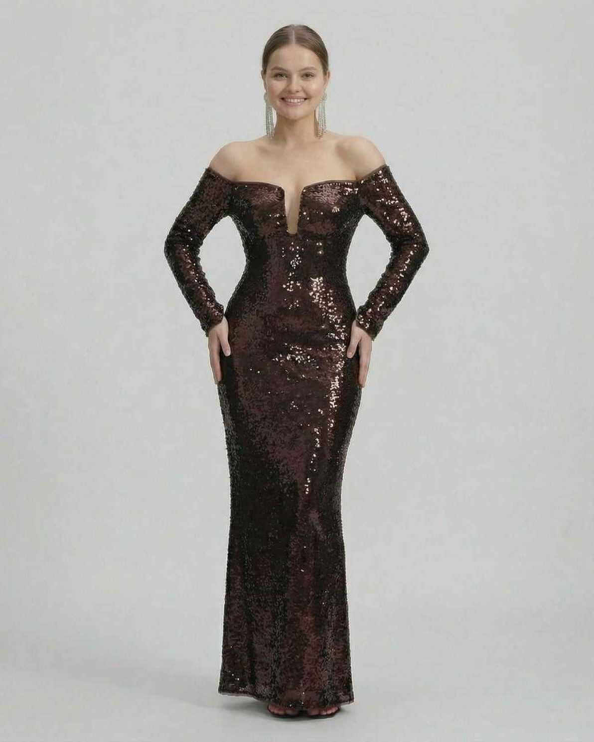 Celeste Maxi Dress by Lauven, an elegant sequined off-shoulder evening gown in rich deep brown.