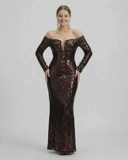 Celeste Maxi Dress by Lauven, an elegant sequined off-shoulder evening gown in rich deep brown.
