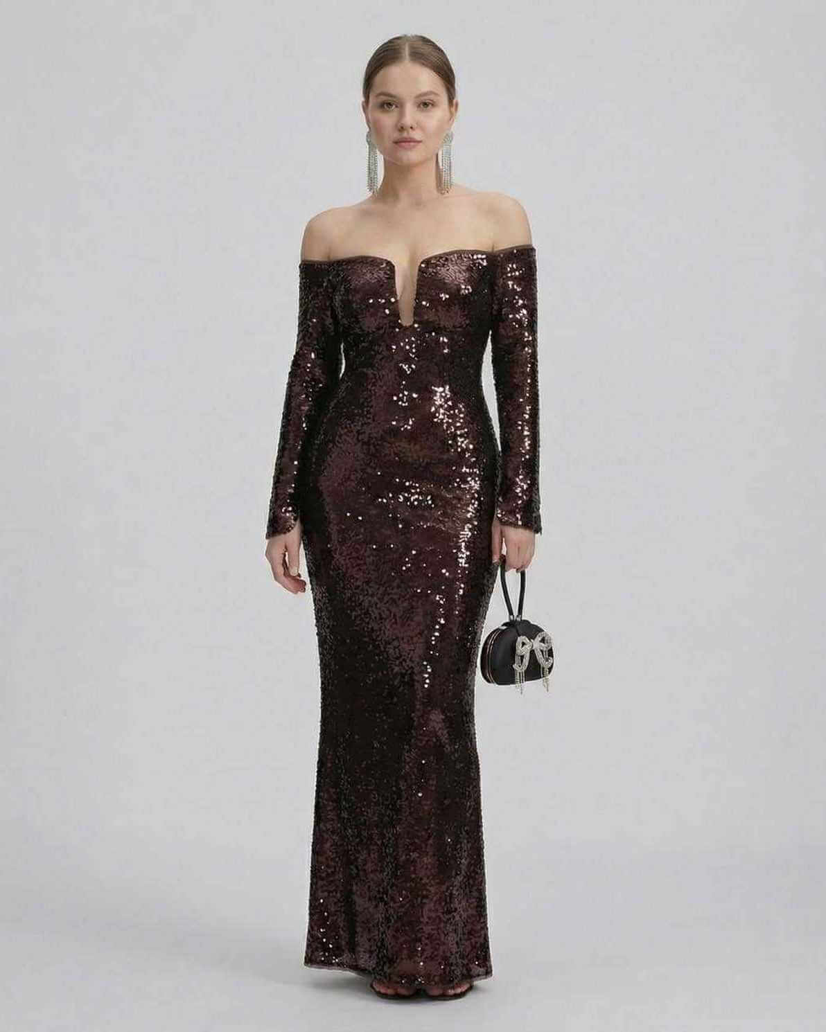 Celeste Maxi Dress by Lauven featuring an elegant off-shoulder design and sequined fabric perfect for evening events.