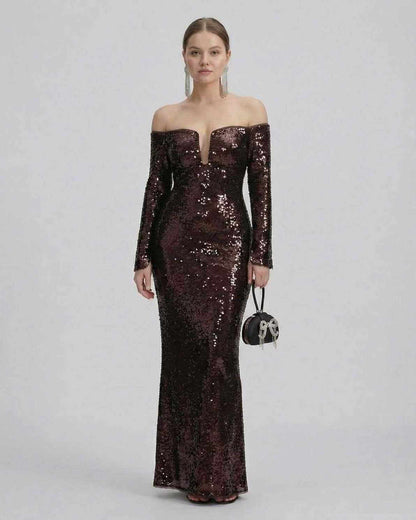 Celeste Maxi Dress by Lauven featuring an elegant off-shoulder design and sequined fabric perfect for evening events.