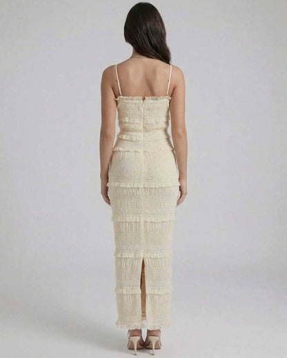 Celeste Maxi Dress by Lauven featuring a refined sheath silhouette with delicate spaghetti straps in soft ivory.