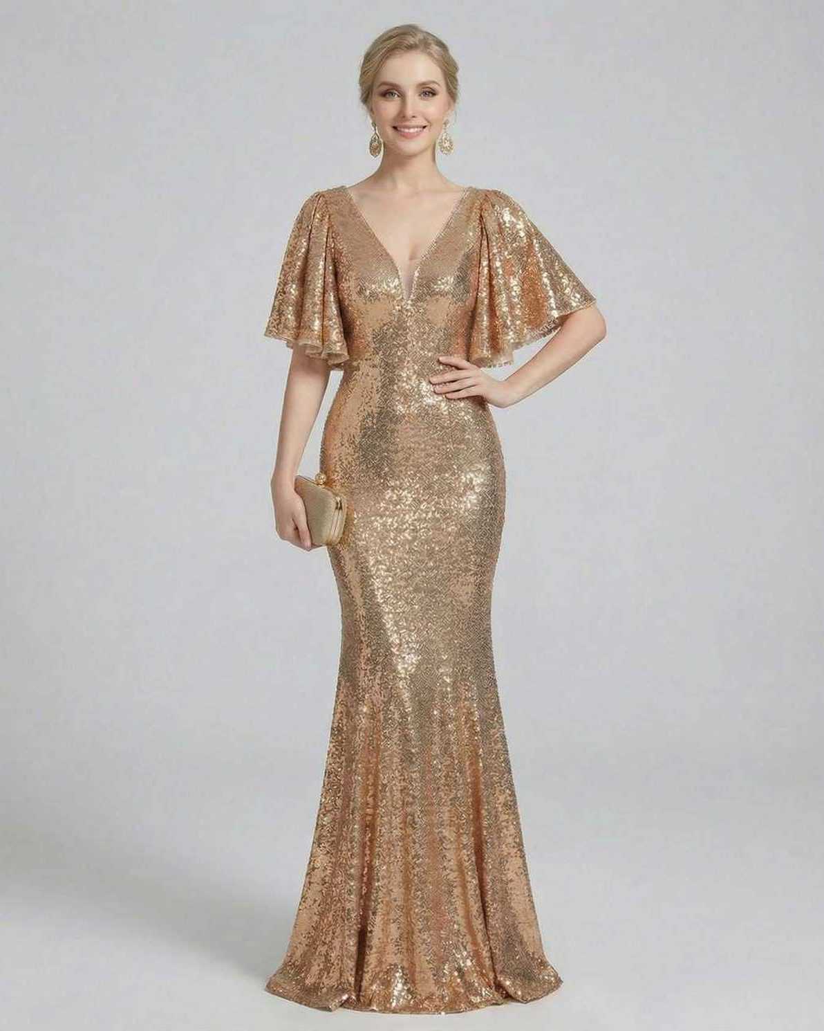Elegant Celeste Maxi Dress by Lauven in gold sequins, showcasing a glamorous full-length silhouette for evening wear.