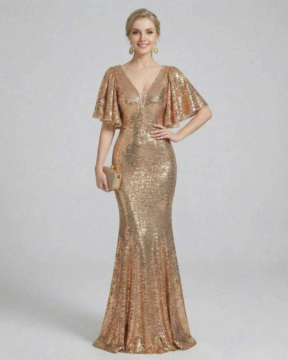 Elegant Celeste Maxi Dress by Lauven in gold sequins, showcasing a glamorous full-length silhouette for evening wear.