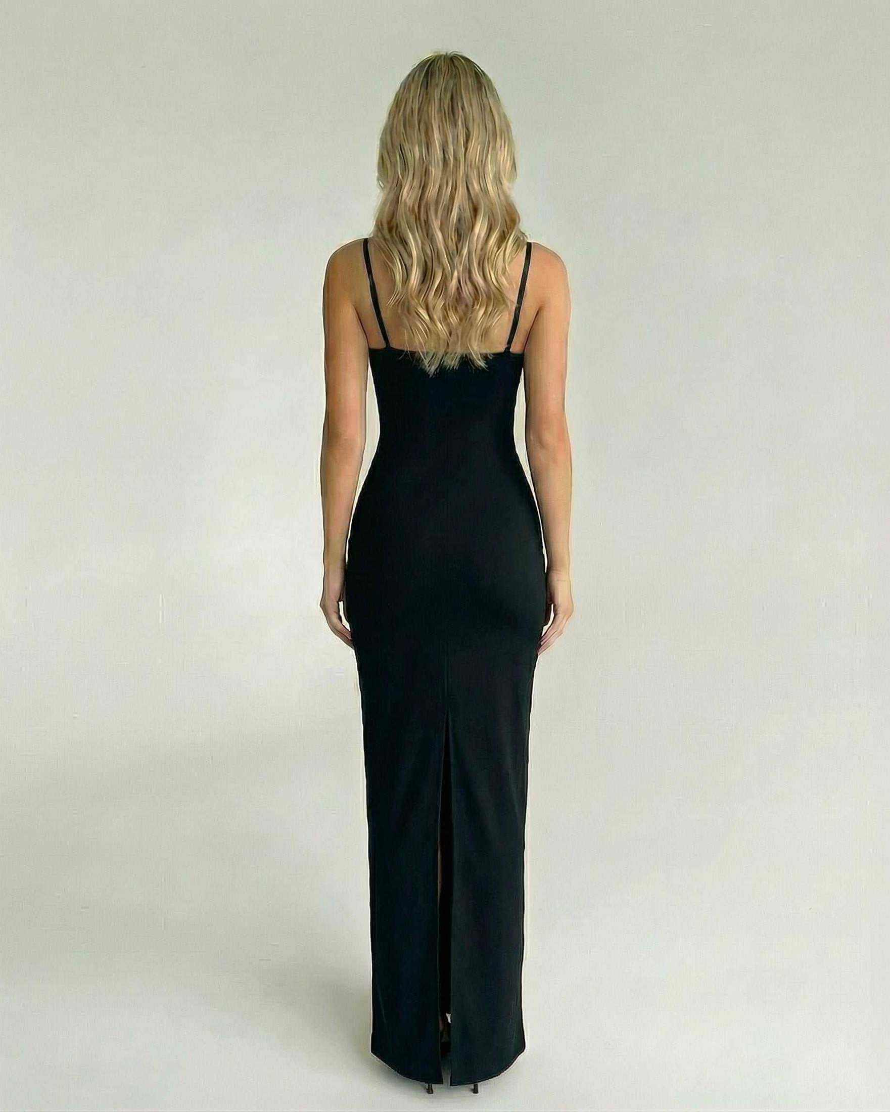 Celeste Maxi Dress by Lauven, showcasing a sleek black silhouette with lace bodice and elegant back view.