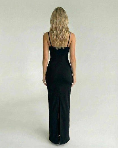 Celeste Maxi Dress by Lauven, showcasing a sleek black silhouette with lace bodice and elegant back view.
