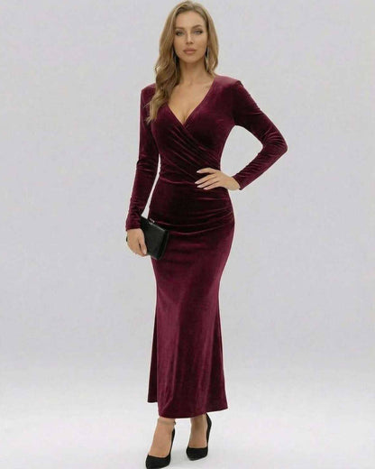 Celeste Maxi Dress by Lauven in luxurious burgundy velvet, featuring a slim-fit sheath silhouette and ankle-length design.