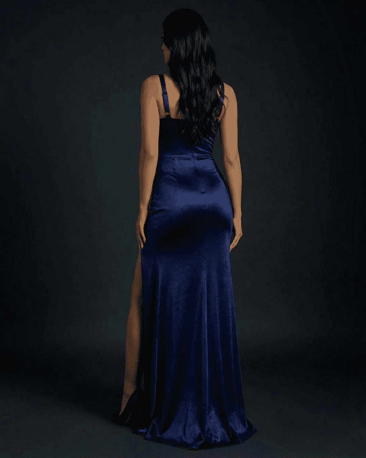 Back view of the Celeste Maxi Dress by SLIMONA, showcasing the luxurious satin fabric and elegant silhouette.