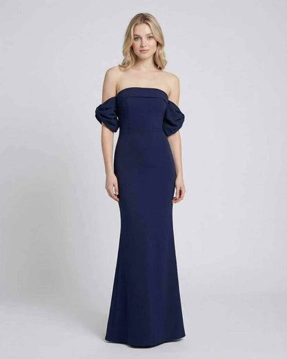 Celeste Maxi Dress by Lauven featuring off-shoulder bodycon silhouette and open back detail.