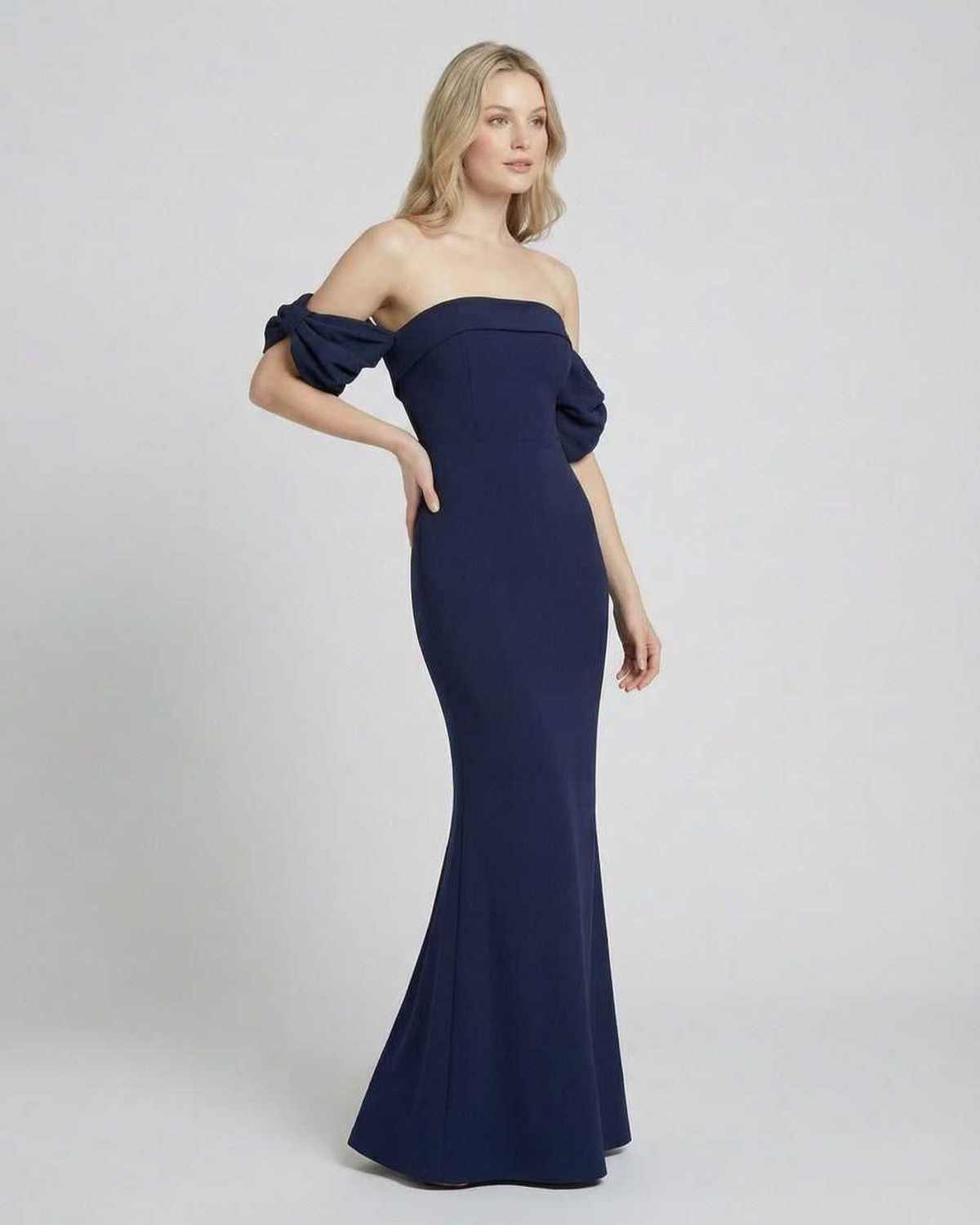 Celeste Maxi Dress by Lauven, off-shoulder bodycon silhouette with open back detail in elegant navy.