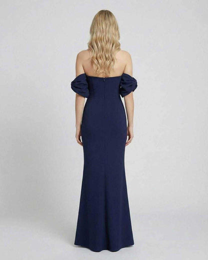 Celeste Maxi Dress by Lauven featuring a back view, off-shoulder design and elegant bodycon silhouette.