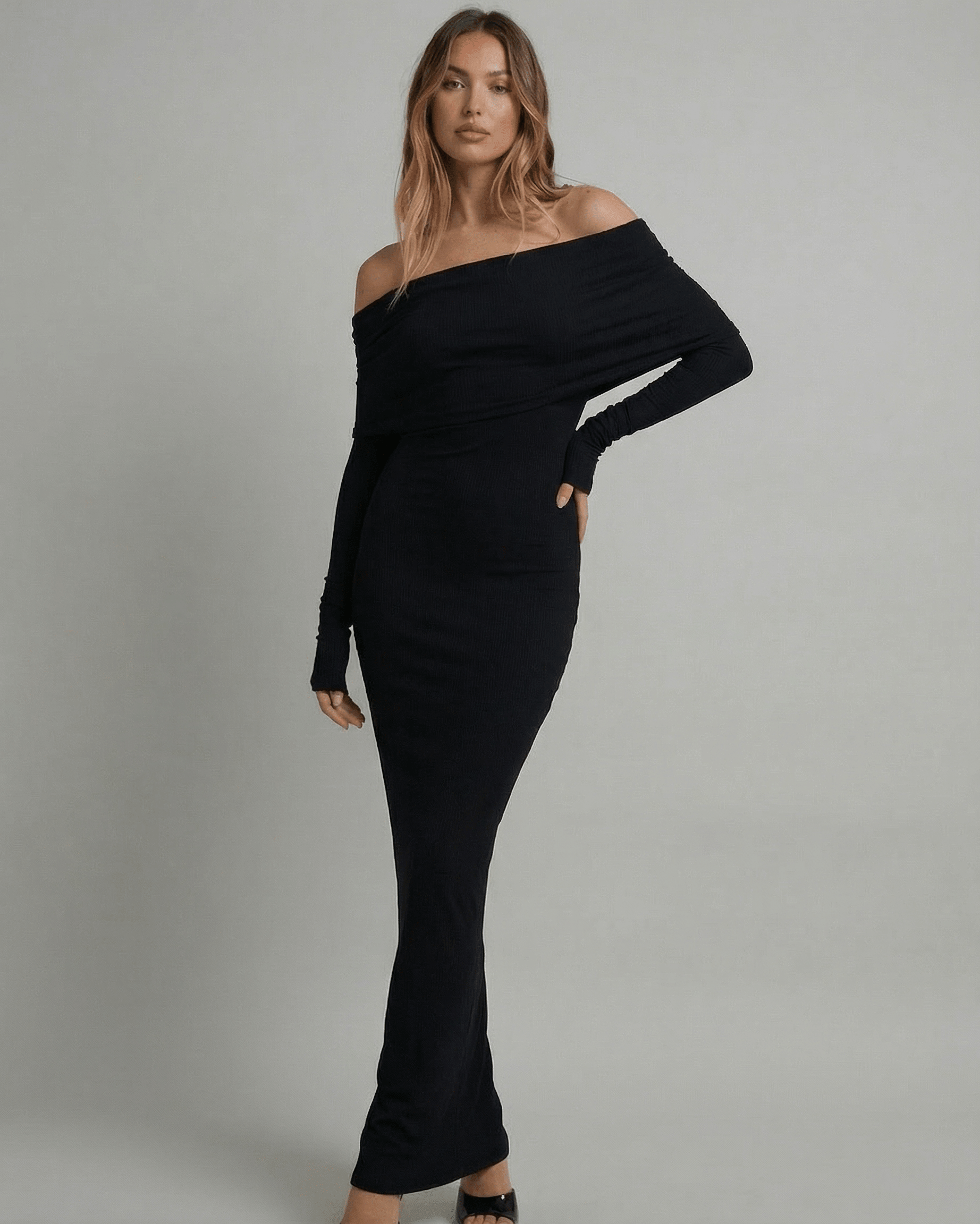 Celeste Maxi Dress by Lauven, featuring an off-shoulder neckline and sleek formal silhouette.