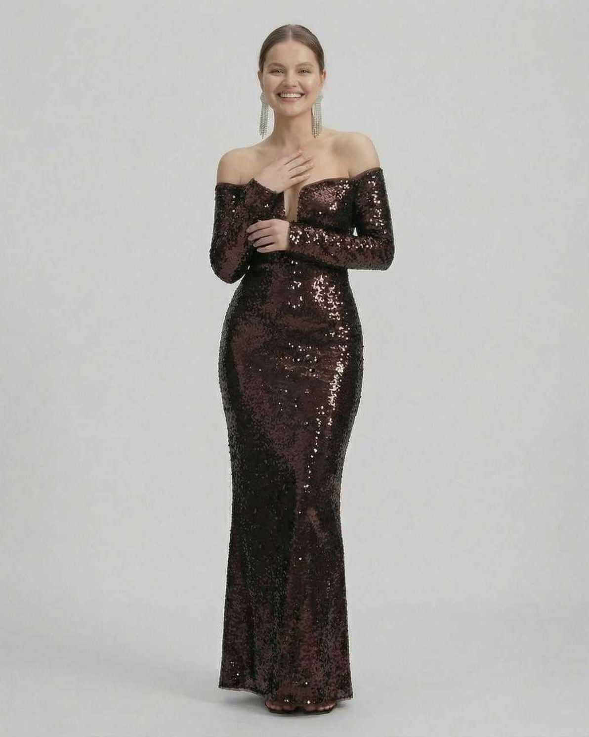 Celeste Maxi Dress by Lauven, elegant sequined off-shoulder evening gown in deep brown.