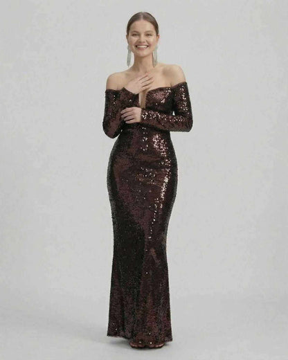 Celeste Maxi Dress by Lauven, elegant sequined off-shoulder evening gown in deep brown.