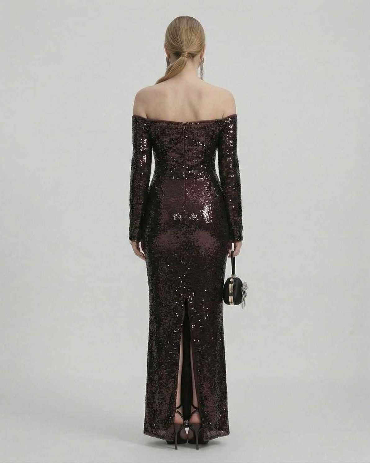 Celeste Maxi Dress by Lauven, elegant sequined off-shoulder gown in deep brown, showcasing a stylish fitted silhouette.
