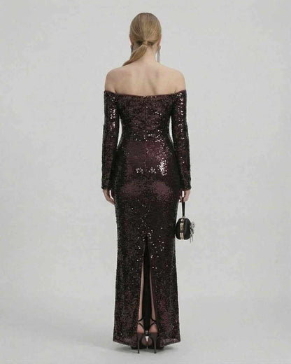 Celeste Maxi Dress by Lauven, elegant sequined off-shoulder gown in deep brown, showcasing a stylish fitted silhouette.