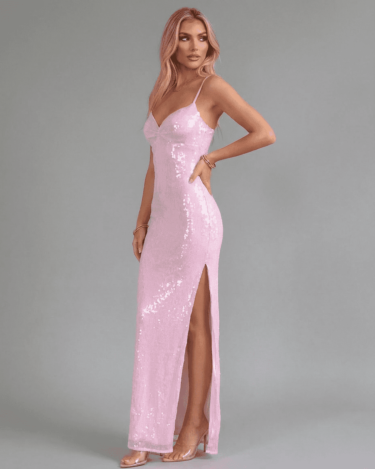 Celeste Maxi Dress by SLIMONA – Pink sequin V-neck party dress with high slit, perfect for elegant evenings.