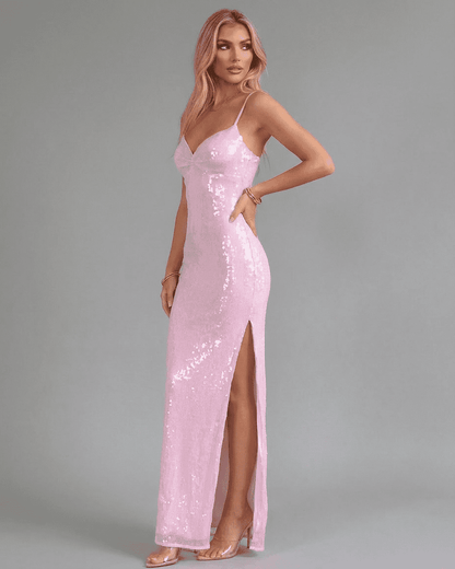 Celeste Maxi Dress by SLIMONA – Pink sequin V-neck party dress with high slit, perfect for elegant evenings.