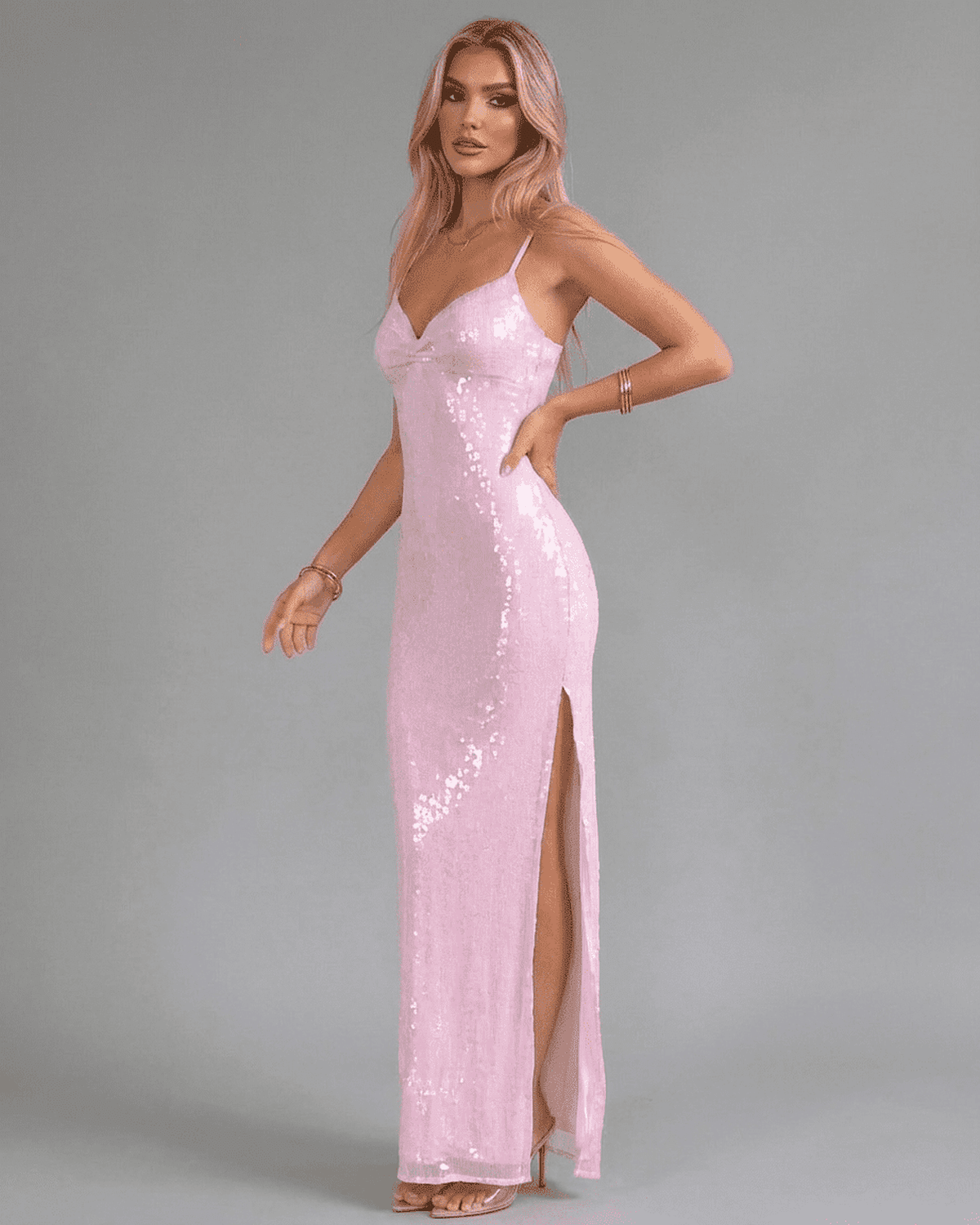 Celeste Maxi Dress by SLIMONA, pink sequin v-neck evening dress with high slit and flattering silhouette.