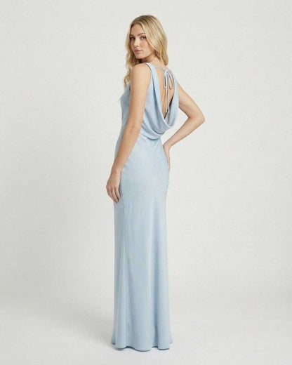 Celeste Maxi Dress by SLIMONA, showcasing a satin-effect cowl neck design and elegant back detail.