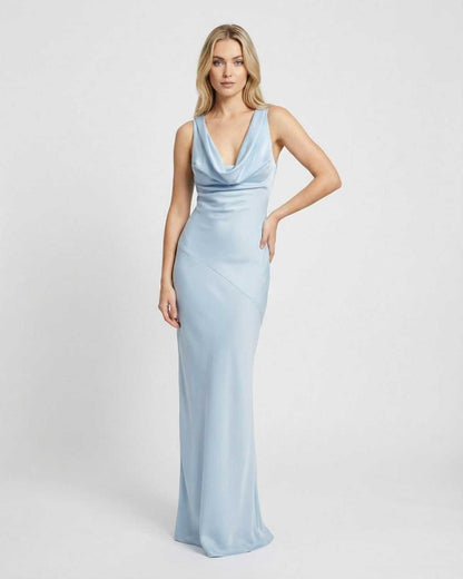 Celeste Maxi Dress by SLIMONA, satin-effect cowl neck sleeveless gown in light blue color.