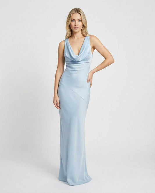 Celeste Maxi Dress by SLIMONA, satin-effect cowl neck sleeveless gown in light blue color.