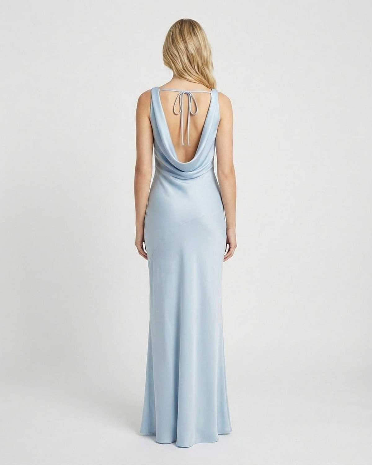 Back view of the Celeste Maxi Dress by SLIMONA, featuring a satin-effect finish and draped cowl neckline.