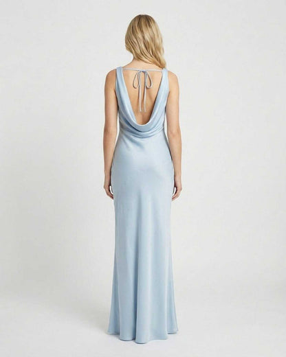 Back view of the Celeste Maxi Dress by SLIMONA, featuring a satin-effect finish and draped cowl neckline.