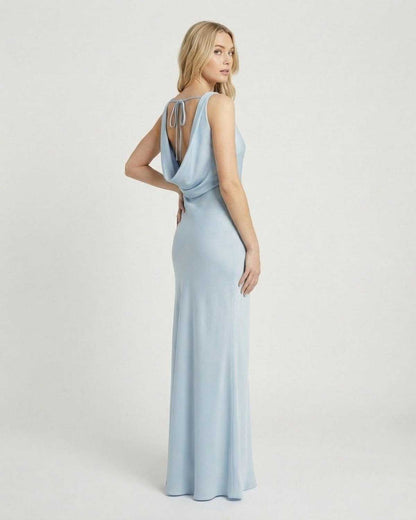 Celeste Maxi Dress by SLIMONA, showcasing a satin-effect cowl neck and elegant silhouette in light blue.