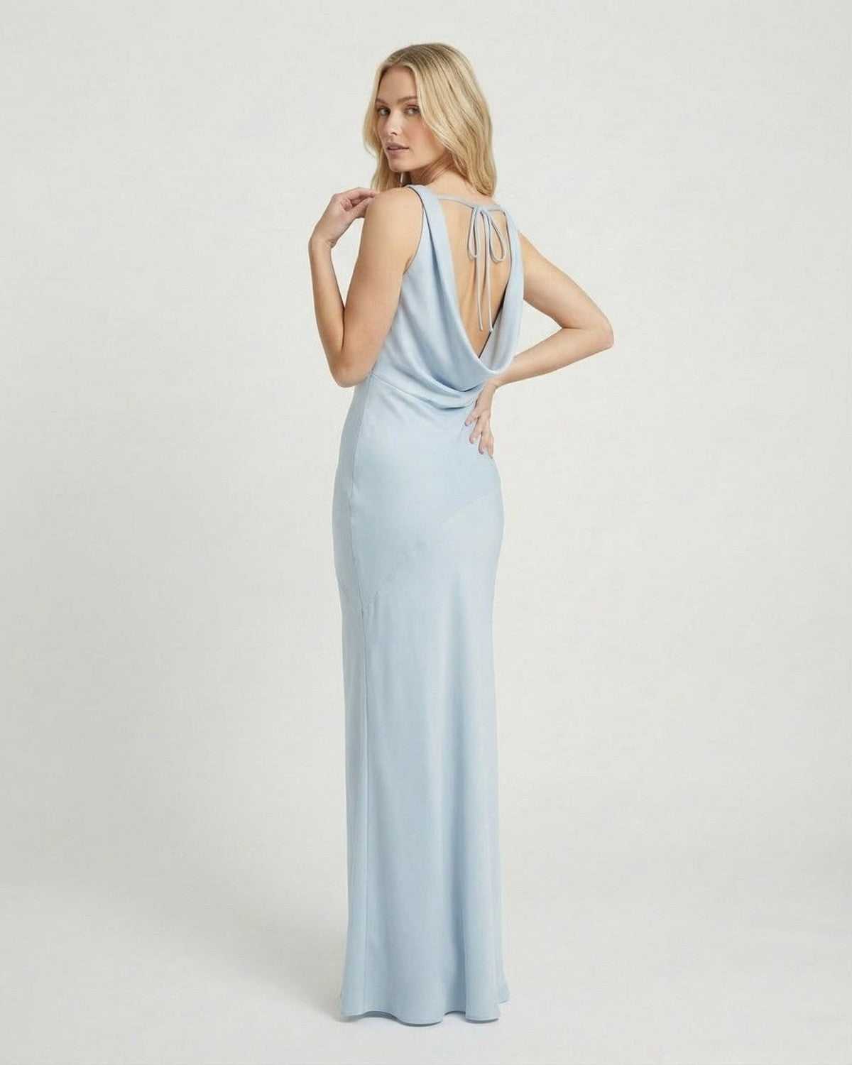 Celeste Maxi Dress by SLIMONA - Satin-effect cowl neck sleeveless dress in light blue, showcasing a flattering silhouette.