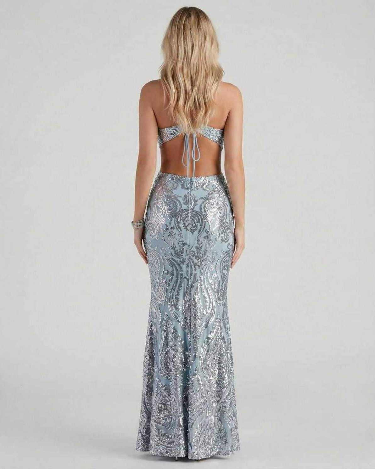 Celeste Maxi Dress by Lauven, showcasing a stunning sequin design with a mermaid silhouette and back view.