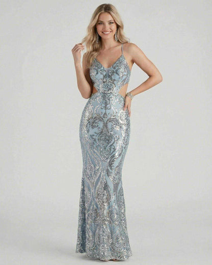 Celeste Maxi Dress by Lauven, elegant sequin evening gown in blue, featuring mermaid silhouette and V-neckline.