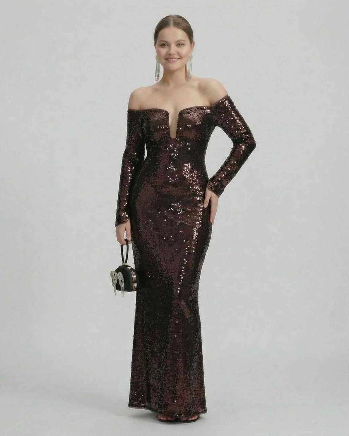 Celeste Maxi Dress by Lauven, elegant off-shoulder evening gown with sequins in deep brown.