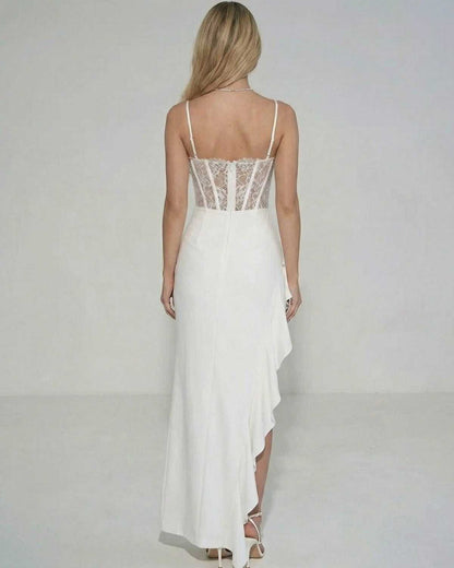 Back view of Celeste Maxi Dress by Lauven showcasing sheer lace bodice and ruffled skirt detail.