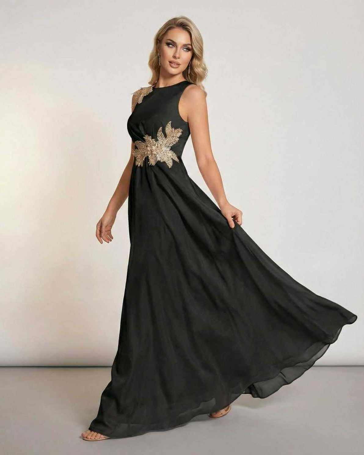 Celeste Maxi Dress by Lauven, elegant sleeveless black dress with patchwork detail and flowing silhouette.