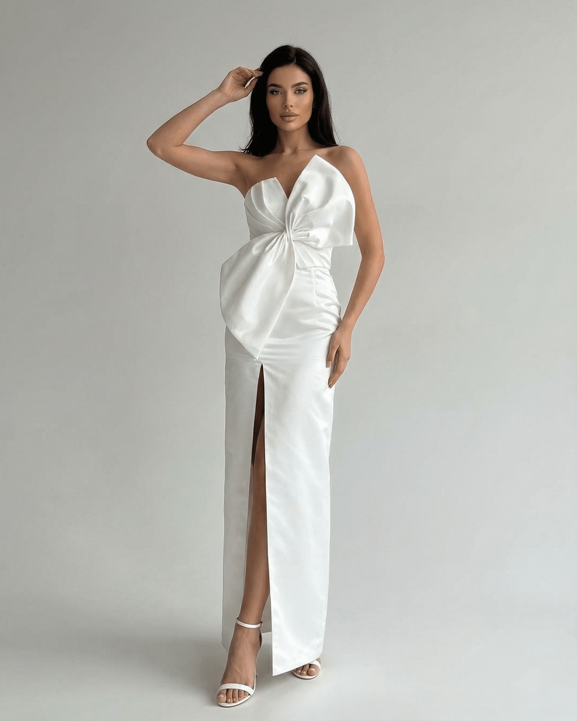 Celeste Maxi Dress by Lauven featuring a white strapless satin sheath with front slit.