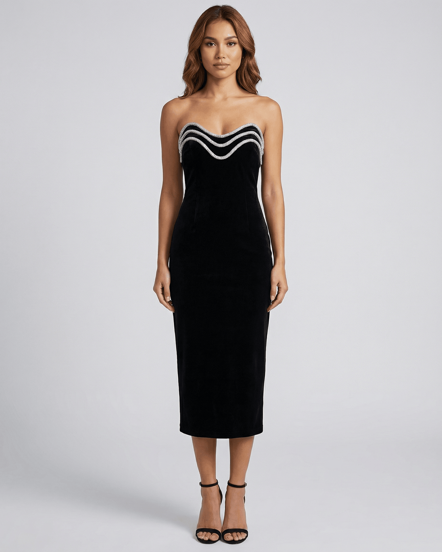 Celeste Midi Dress by Lauven, strapless sheath dress featuring a sculpting fit in elegant black fabric.