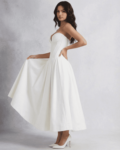 Celeste Midi Dress by SLIMONA, elegant strapless corset A-line design perfect for parties and special events.