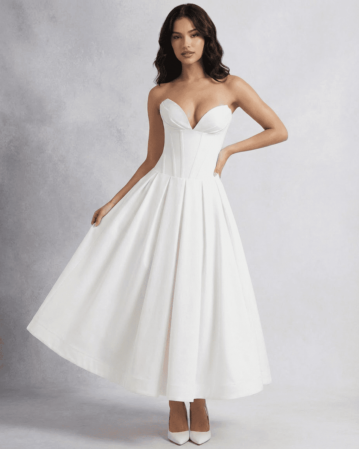 Celeste Midi Dress by SLIMONA – Elegant strapless corset A-line dress for special events.