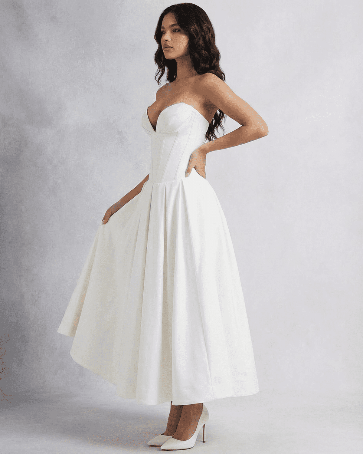Celeste Midi Dress by Slimona - Elegant strapless A-line design enhancing silhouette with structured support.