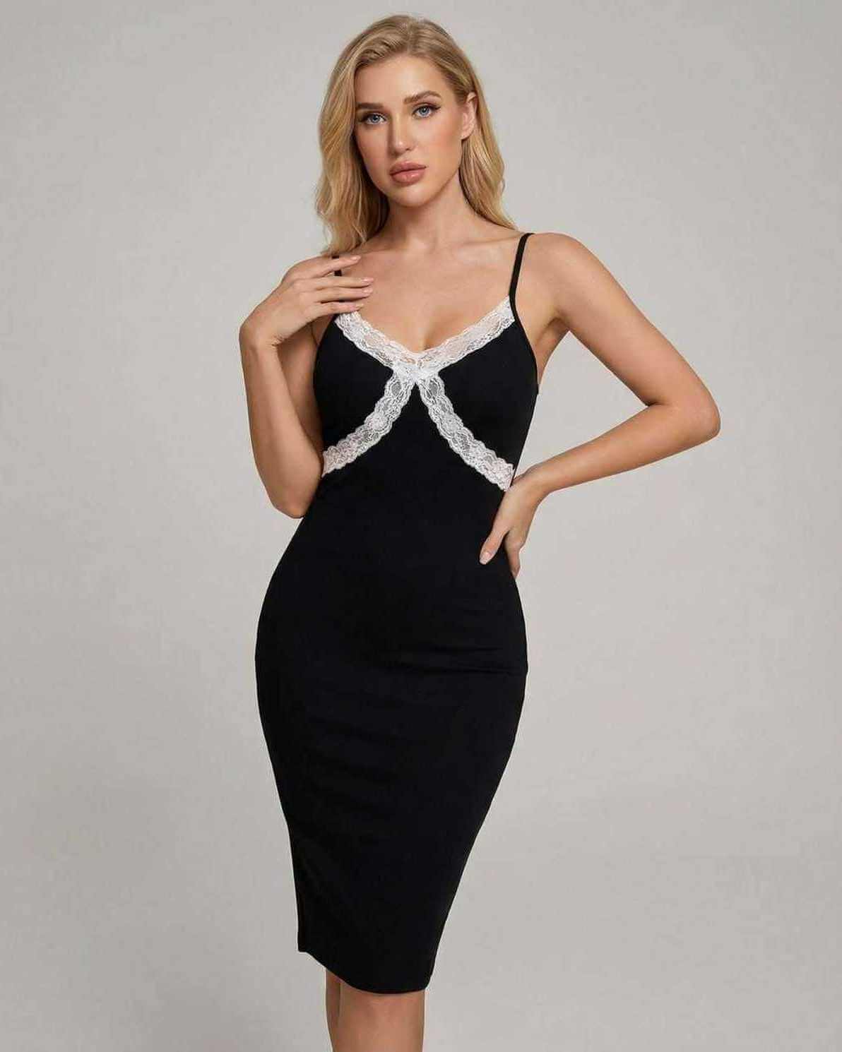 Celeste Midi Dress from Lauven featuring delicate lace detailing for a sophisticated silhouette.