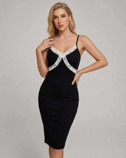 Celeste Midi Dress from Lauven featuring delicate lace detailing for a sophisticated silhouette.