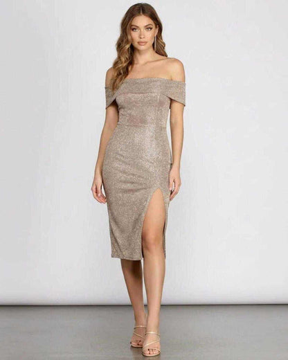 Celeste Midi Dress by SLIMONA, featuring an off shoulder design and glitter lurex fabric, perfect for special occasions.