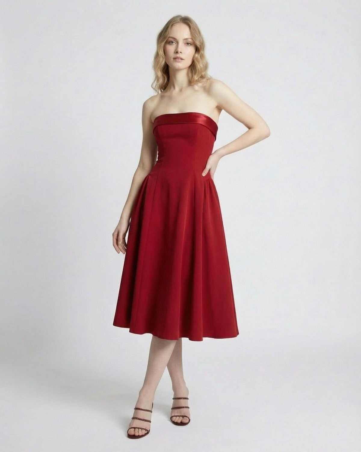 Celeste Midi Dress by SLIMONA, elegant strapless high-waist silhouette in red with pockets.