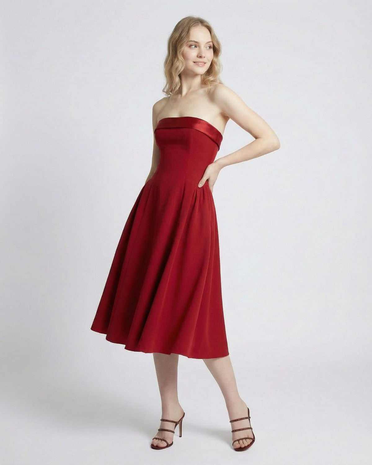 Elegant Celeste Midi Dress by SLIMONA, strapless high-waist silhouette with pockets, perfect for special occasions.