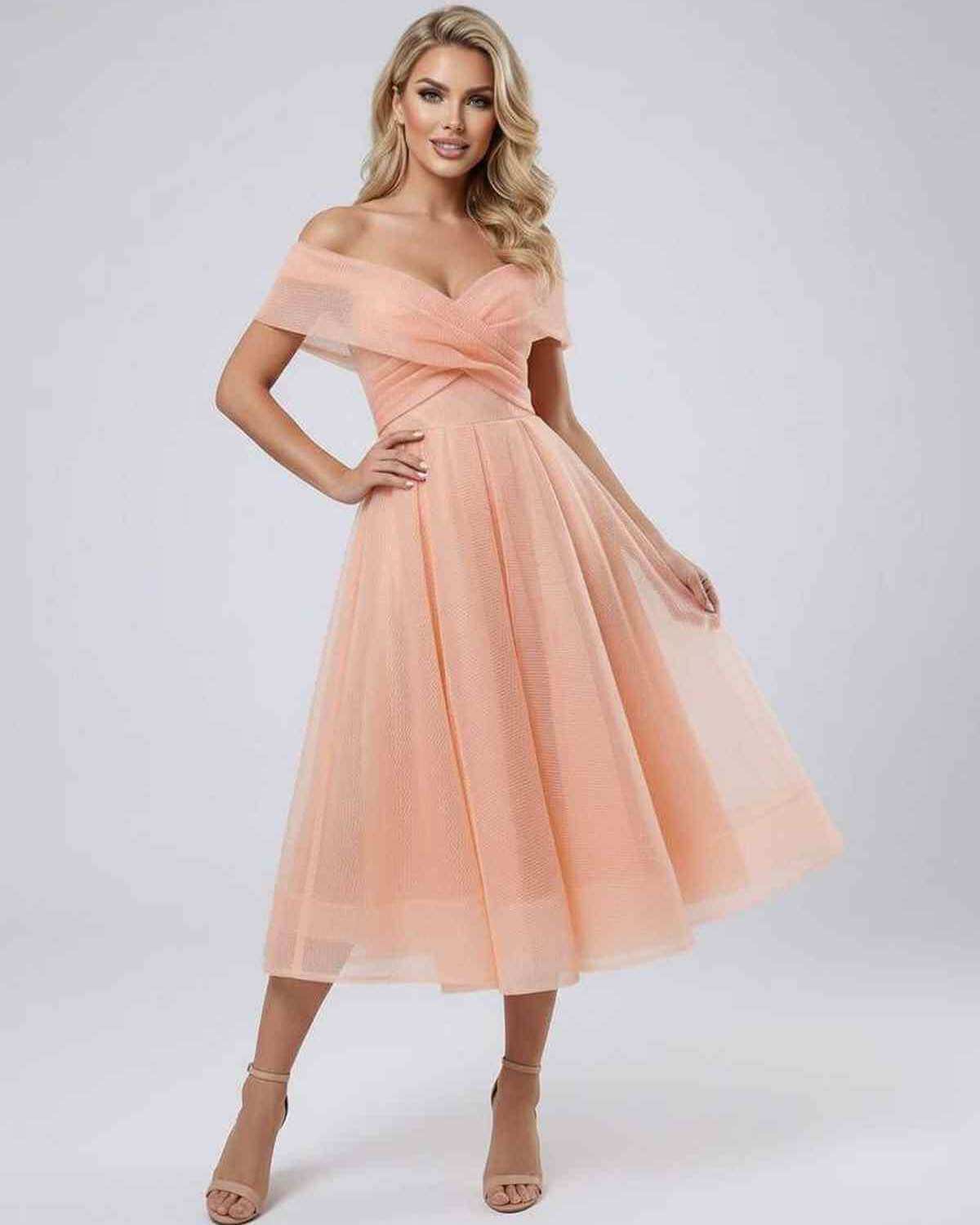 Celeste Midi Dress by Lauven, featuring a sexy off shoulder design and flowing midi length for elegant occasions.