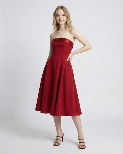 Celeste Midi Dress by SLIMONA - Elegant strapless high-waist midi dress in red with pockets.