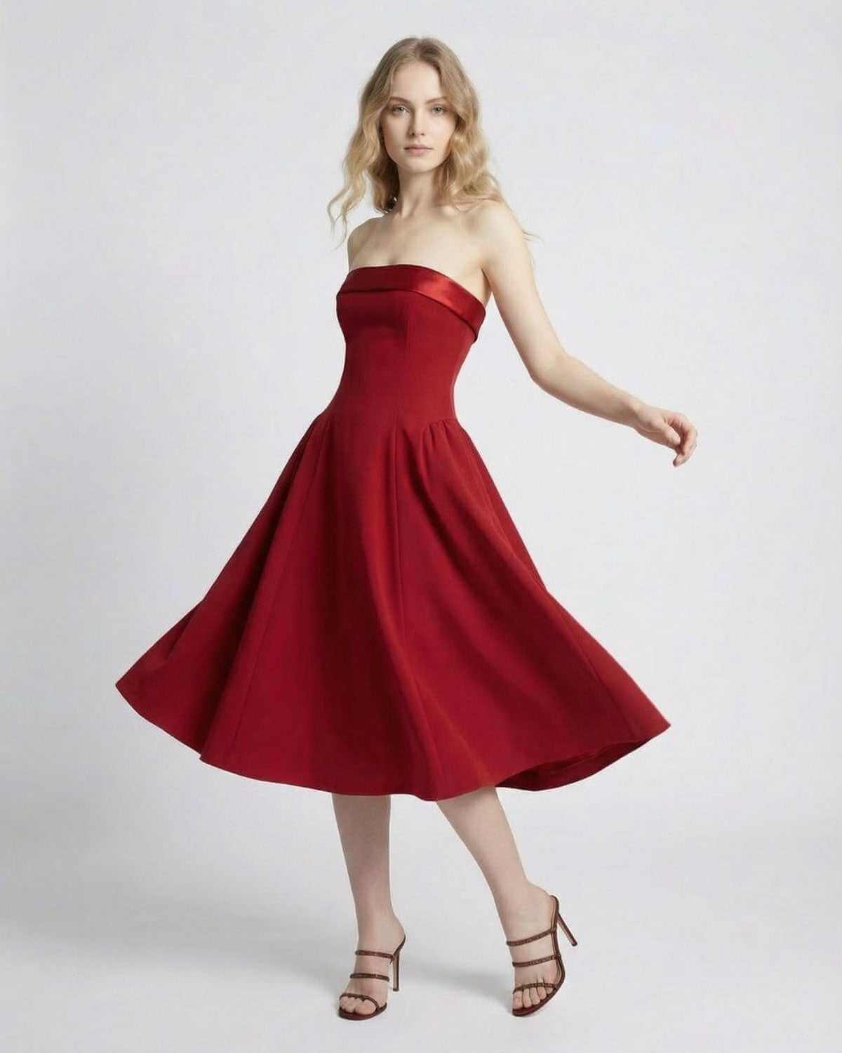 Celeste Midi Dress by SLIMONA, Strapless high-waist midi dress showcasing a flowing silhouette in red.